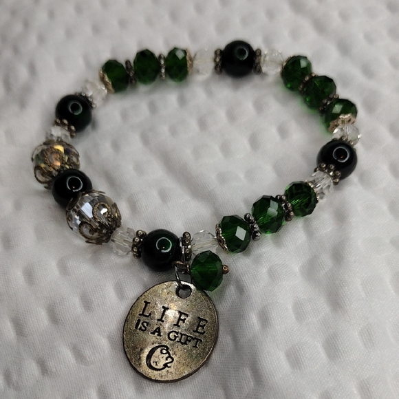 Handmade Jewelry - Green and Silver Beaded Bracelet with Charm